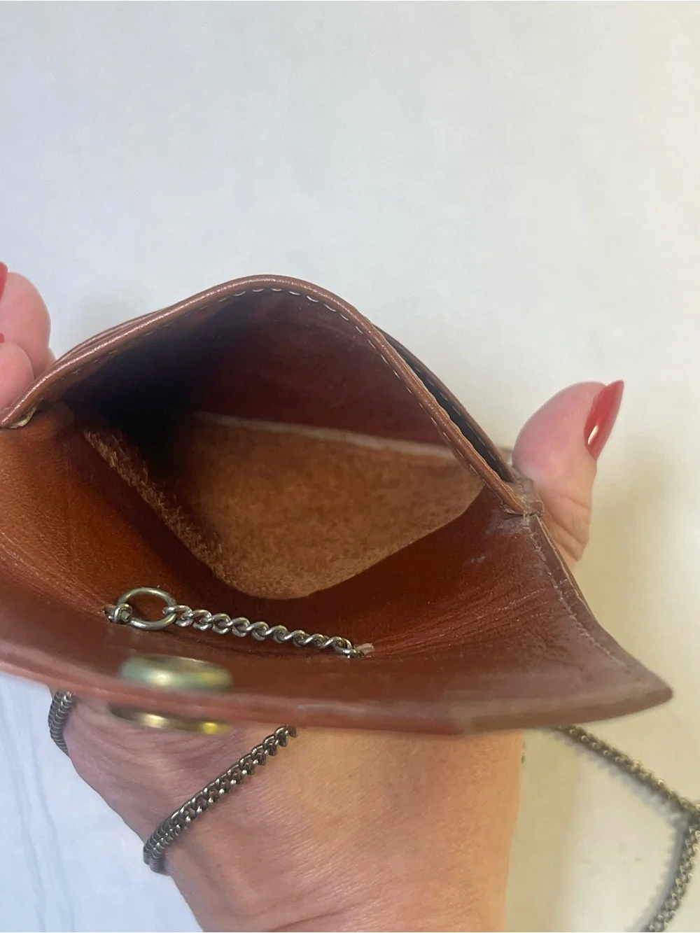 Vintage Brown Leather Crossbody Pouch with Chain Strap Passport Holder
